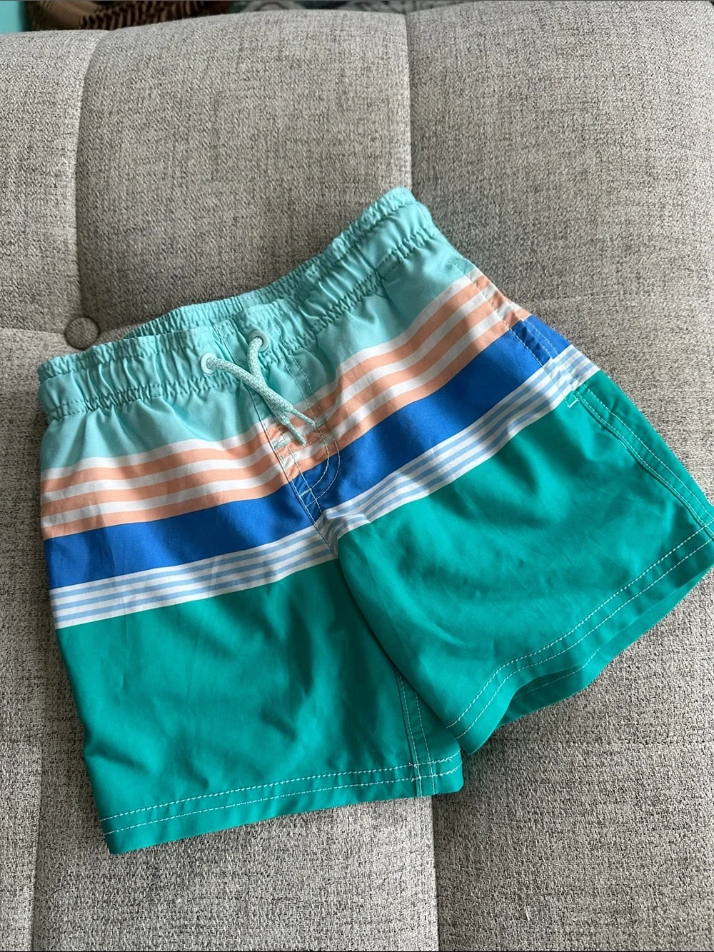 wonder nation teal aqua blue striped boys swim trunks